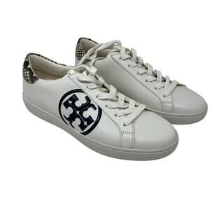 Tory Burch white leather snakeskin sneakers size 10 Leigh T-logo Snow black